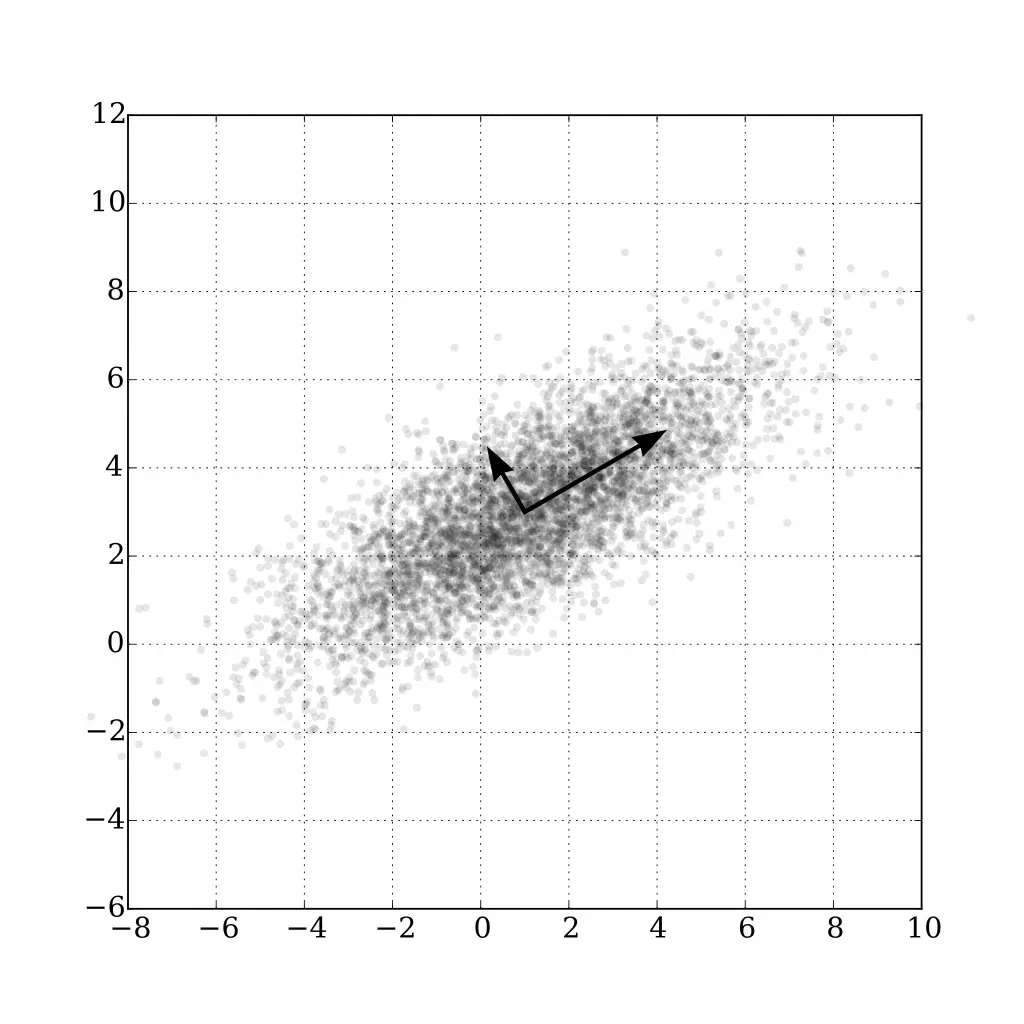 Diagram of a 2D dataset with a linear correlation and its principal components
